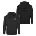 Black hoodie with white text to the reverse and white logo on a white left chest logo