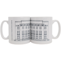 White ceramic mug with black architectural drawing of a building of London School of Hygiene & Tropical Medicine